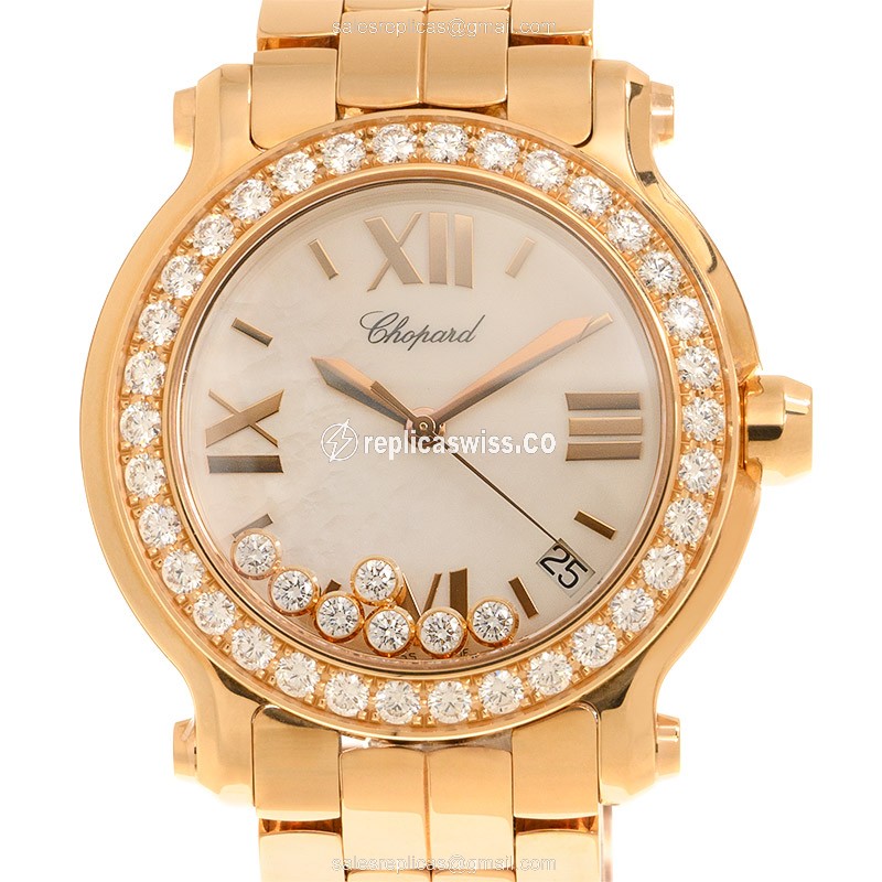 Chopard Happy Sport Replica - Quartz - 18kt Rose Gold - Diamond Dial - Gold Strap